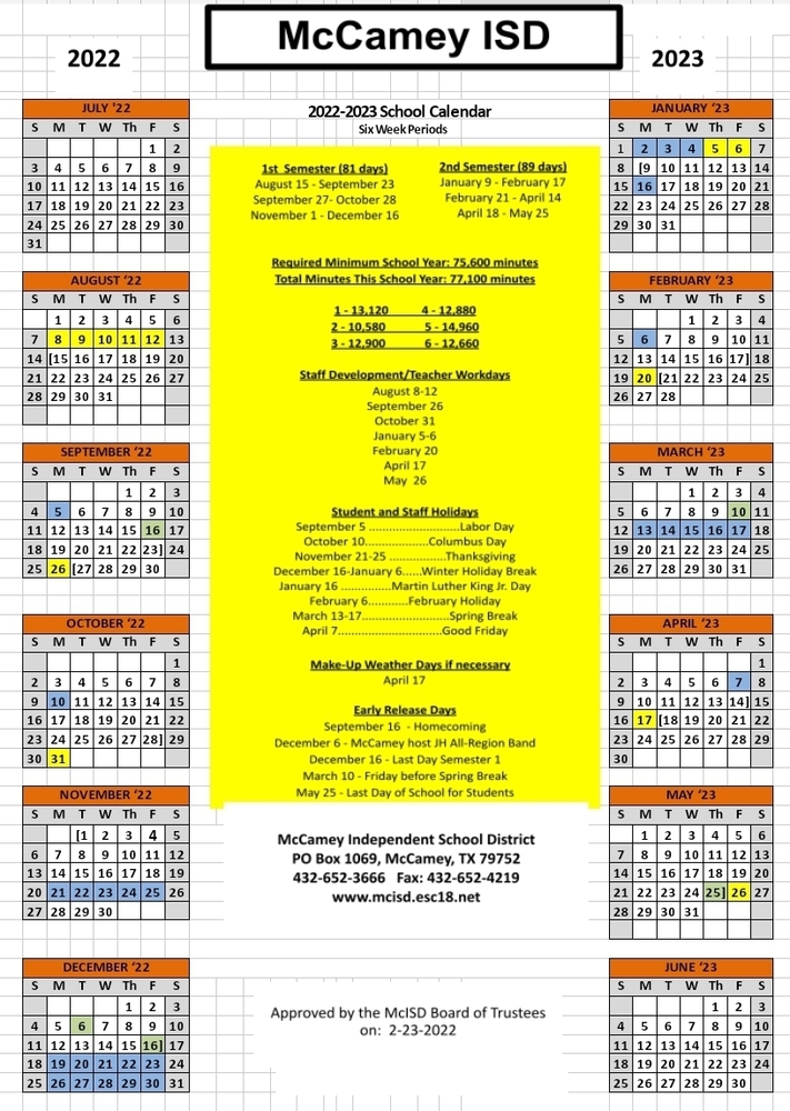 McCamey ISD 2022 2023 School Calendar McCamey ISD