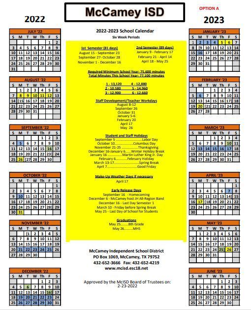 2022-2023 School Calendar | McCamey ISD